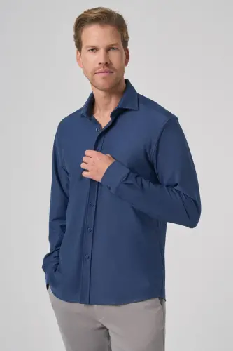 Modazone Men's Navy Blue Trend Plain Slim Fit Full Italian Collar Shirt - MORVEN (1)