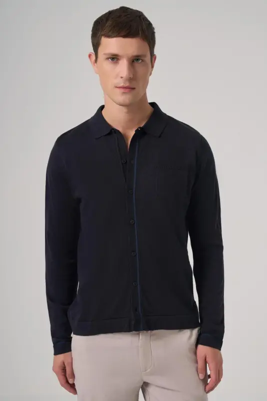 Modazone Men's Navy Blue Trend Polo Collar Shirt Knitwear - MORVEN