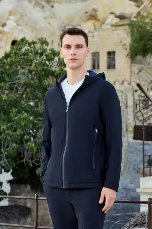 Modazone Men's Navy Blue Trend Reversible Hooded Coat - 1