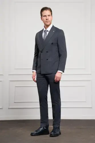 Modazone Men's Navy Blue Trend Slim Fit Narrow Cut Pointed Collar Double Breasted Suit - 2