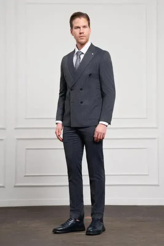 Modazone Men's Navy Blue Trend Slim Fit Narrow Cut Pointed Collar Double Breasted Suit - 2