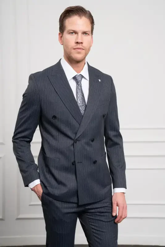 Modazone Men's Navy Blue Trend Slim Fit Narrow Cut Pointed Collar Double Breasted Suit - 3