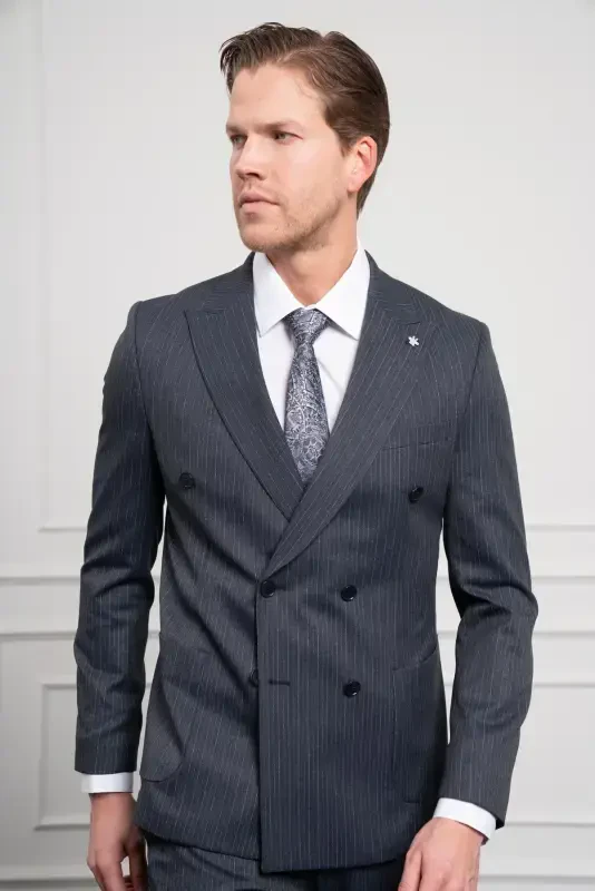 Modazone Men's Navy Blue Trend Slim Fit Narrow Cut Pointed Collar Double Breasted Suit - 4