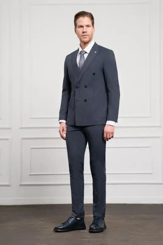 Modazone Men's Navy Blue Trend Slim Fit Pointed Collar Double Breasted Suit - 3