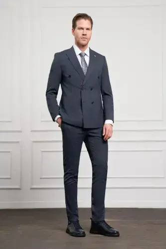 Modazone Men's Navy Blue Trend Slim Fit Pointed Collar Double Breasted Suit - 4