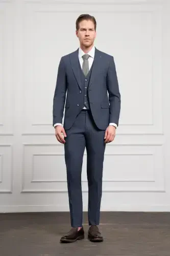 Modazone Men's Navy Blue Trend Slim Fit Pointed Collar Suit - MORVEN (1)