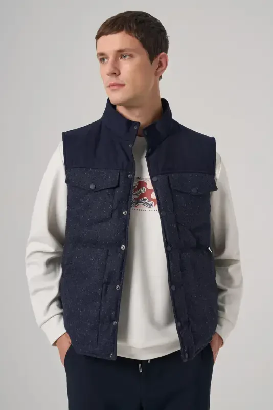Modazone Men's Navy Blue Trend Wool Padded Vest - 2
