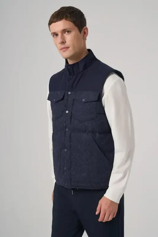 Modazone Men's Navy Blue Trend Wool Padded Vest - 3