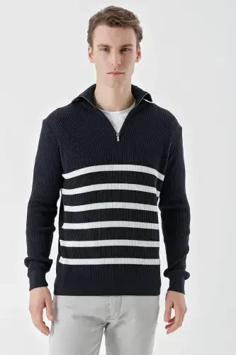 Modazone Men's Navy Blue Trendy Striped Zippered Stand-up Collar Dynamic Fit Comfort Fit Knitwear 