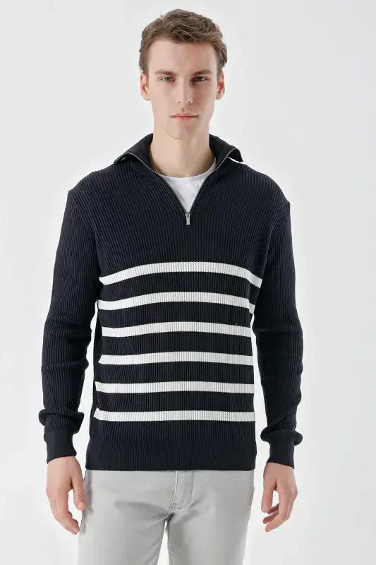 Modazone Men's Navy Blue Trendy Striped Zippered Stand-up Collar Dynamic Fit Comfort Fit Knitwear - 1