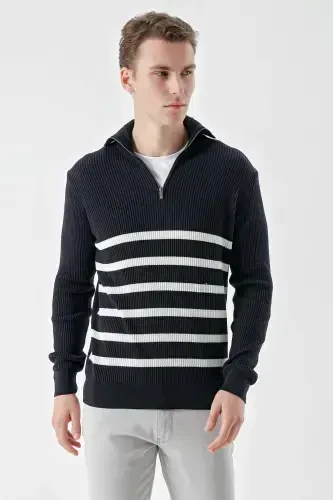 Modazone Men's Navy Blue Trendy Striped Zippered Stand-up Collar Dynamic Fit Comfort Fit Knitwear - 2