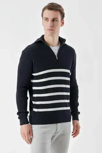 Modazone Men's Navy Blue Trendy Striped Zippered Stand-up Collar Dynamic Fit Comfort Fit Knitwear - 3