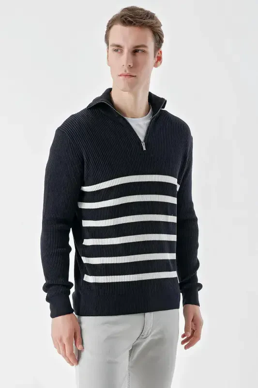 Modazone Men's Navy Blue Trendy Striped Zippered Stand-up Collar Dynamic Fit Comfort Fit Knitwear - 3