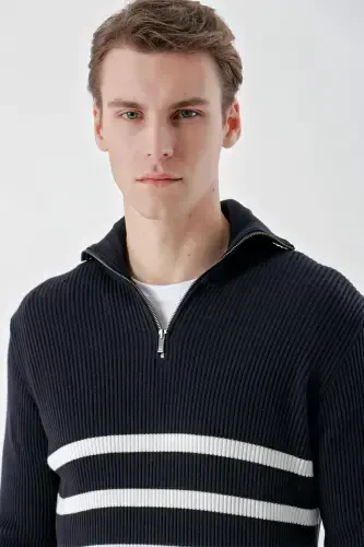 Modazone Men's Navy Blue Trendy Striped Zippered Stand-up Collar Dynamic Fit Comfort Fit Knitwear - 4