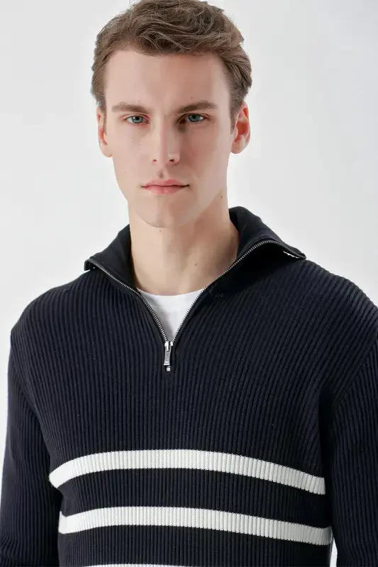 Modazone Men's Navy Blue Trendy Striped Zippered Stand-up Collar Dynamic Fit Comfort Fit Knitwear - 4