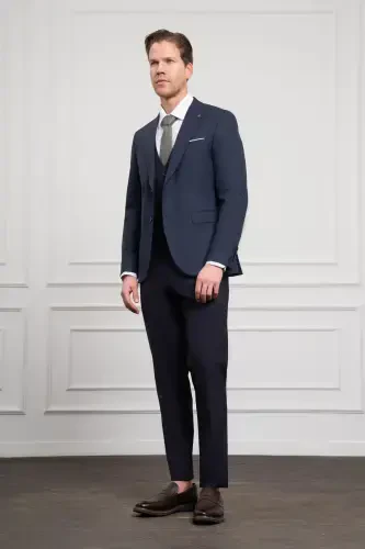 Modazone Men's Navy Blue Trendy Vest Combination Wool Slim Fit Pointed Collar Suit - MORVEN (1)