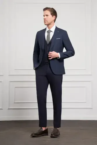 Modazone Men's Navy Blue Trendy Vest Combination Wool Slim Fit Pointed Collar Suit - 3