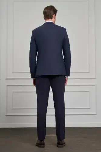 Modazone Men's Navy Blue Trendy Vest Combination Wool Slim Fit Pointed Collar Suit - 6