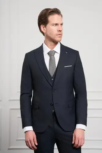 Modazone Men's Navy Blue Trendy Vest Slim Fit Narrow Cut Pointed Collar Suit - 4