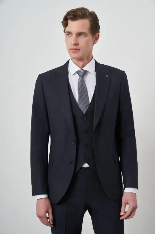 Modazone Men's Navy Blue Trendy Vest Slim Fit Pointed Collar Suit - 1