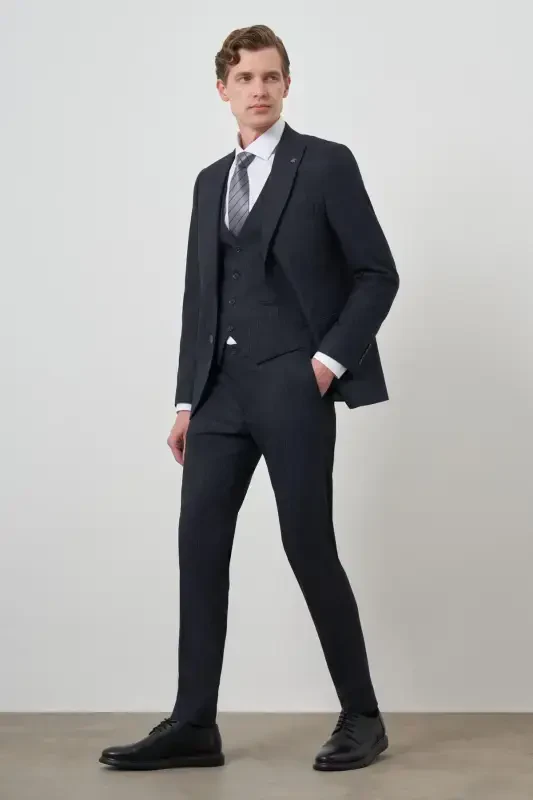 Modazone Men's Navy Blue Trendy Vest Slim Fit Pointed Collar Suit - 2