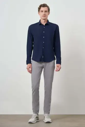 Modazone Men's Navy Blue Waffle Trendy Patterned Dynamic Fit Italian Collar Shirt - MORVEN (1)