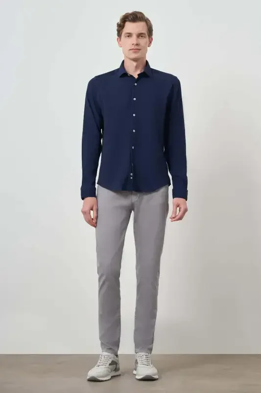 Modazone Men's Navy Blue Waffle Trendy Patterned Dynamic Fit Italian Collar Shirt - 2