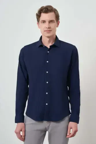 Modazone Men's Navy Blue Waffle Trendy Patterned Dynamic Fit Italian Collar Shirt - 4