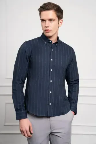 Modazone Men's Navy Blue Winter Dynamic Fit Button-Down Collar Shirt - 1