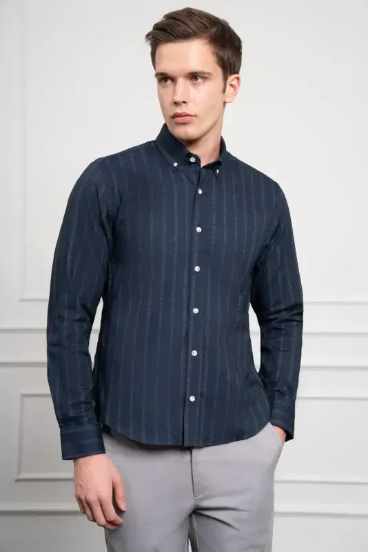 Modazone Men's Navy Blue Winter Dynamic Fit Button-Down Collar Shirt - 1