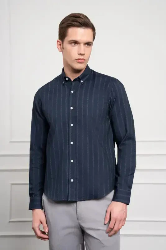 Modazone Men's Navy Blue Winter Dynamic Fit Button-Down Collar Shirt - 3