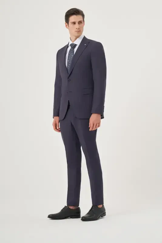 Modazone Men's Navy Blue Wool 8-Drop Trend Striped Slim Fit Pointed Collar Suit - 5