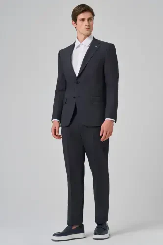 Modazone Men's Navy Blue Wool Blend Patterned Dynamic Fit Notch Lapel Suit - 1