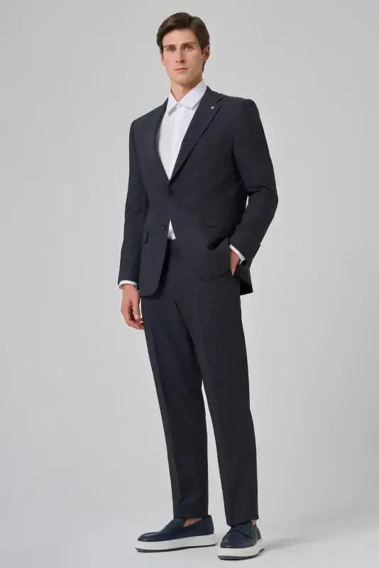 Modazone Men's Navy Blue Wool Blend Patterned Dynamic Fit Notch Lapel Suit - 2