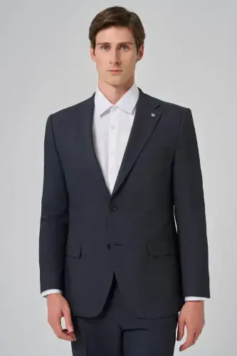 Modazone Men's Navy Blue Wool Blend Patterned Dynamic Fit Notch Lapel Suit - 3