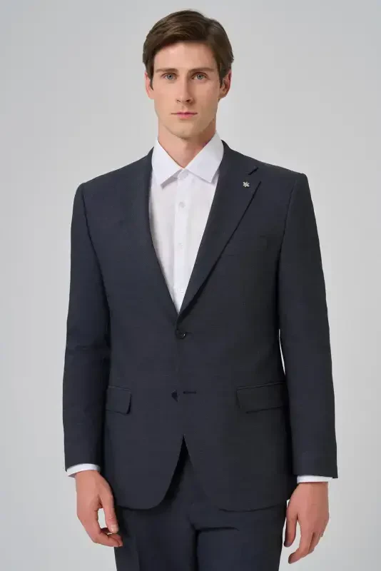 Modazone Men's Navy Blue Wool Blend Patterned Dynamic Fit Notch Lapel Suit - 3