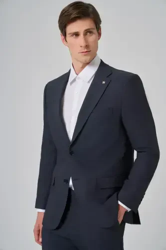 Modazone Men's Navy Blue Wool Blend Patterned Dynamic Fit Notch Lapel Suit - 4