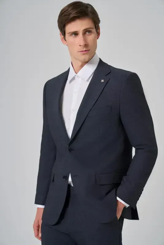 Modazone Men's Navy Blue Wool Blend Patterned Dynamic Fit Notch Lapel Suit - 4