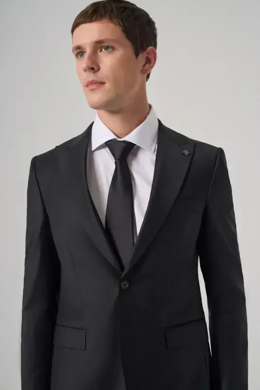 Modazone Men's Navy Blue Wool Blend Trend Plain Slim Fit Pointed Collar Suit - 2