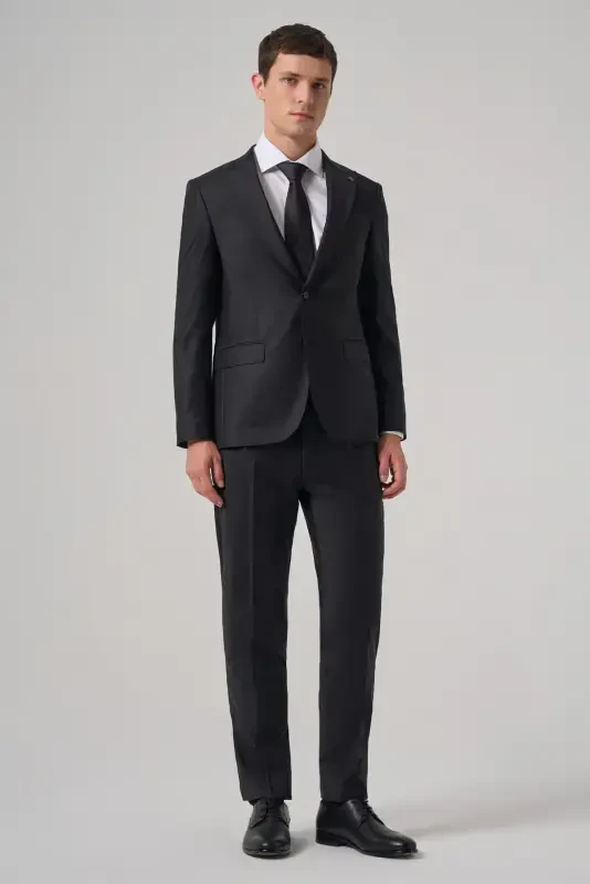 Modazone Men's Navy Blue Wool Blend Trend Plain Slim Fit Pointed Collar Suit - 4