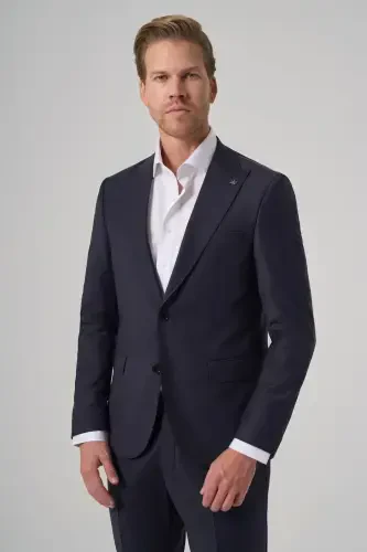 Modazone Men's Navy Blue Wool Blend Trend Plain Slim Fit Pointed Collar Suit 