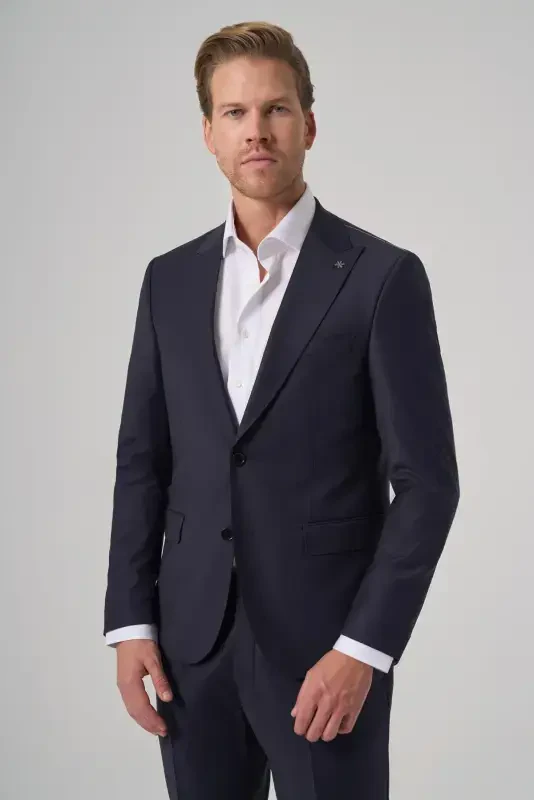 Modazone Men's Navy Blue Wool Blend Trend Plain Slim Fit Pointed Collar Suit - MORVEN