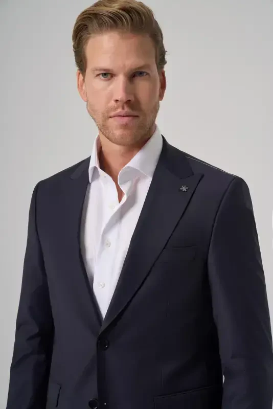 Modazone Men's Navy Blue Wool Blend Trend Plain Slim Fit Pointed Collar Suit - 2