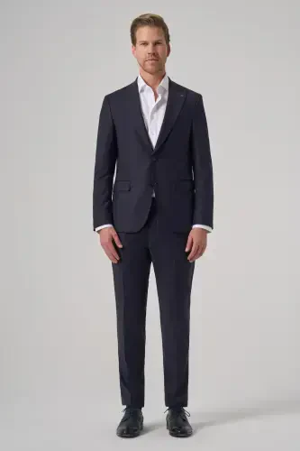 Modazone Men's Navy Blue Wool Blend Trend Plain Slim Fit Pointed Collar Suit - 3