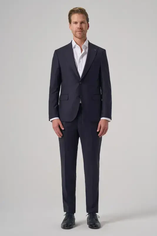 Modazone Men's Navy Blue Wool Blend Trend Plain Slim Fit Pointed Collar Suit - 3