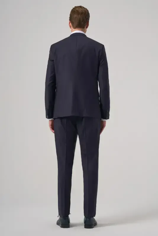 Modazone Men's Navy Blue Wool Blend Trend Plain Slim Fit Pointed Collar Suit - 5