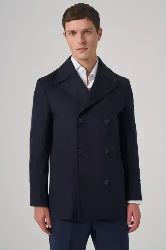 Modazone Men's Navy Blue Wool Double Breasted Dynamic Fit Peak Lapel Coat - 1