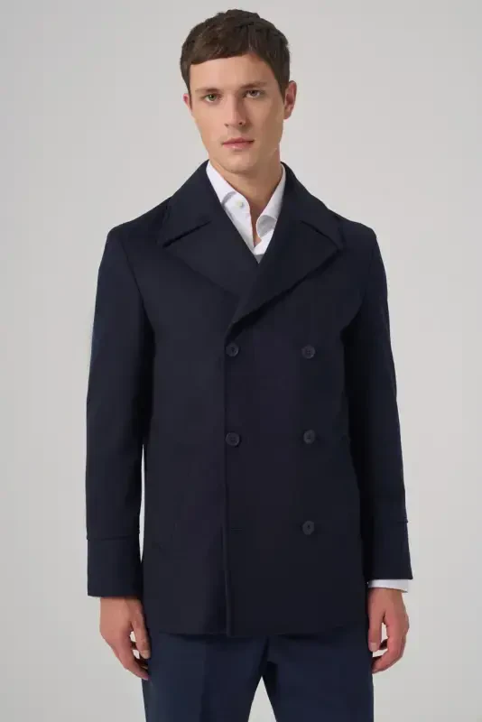 Modazone Men's Navy Blue Wool Double Breasted Dynamic Fit Peak Lapel Coat - MORVEN