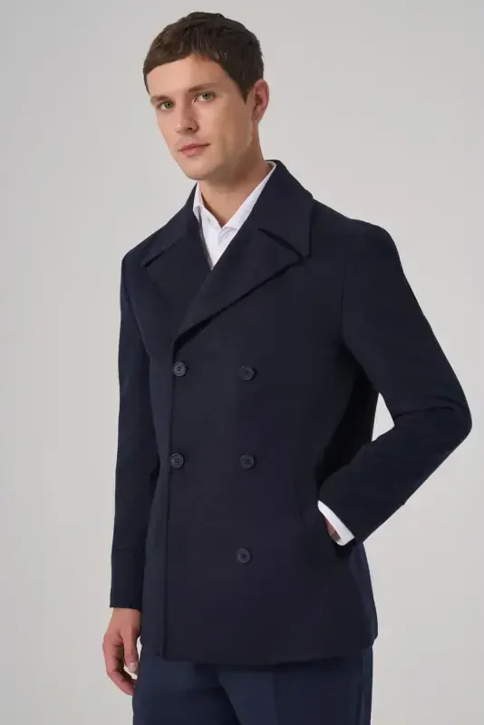 Modazone Men's Navy Blue Wool Double Breasted Dynamic Fit Peak Lapel Coat - 2