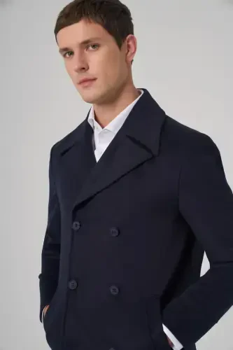 Modazone Men's Navy Blue Wool Double Breasted Dynamic Fit Peak Lapel Coat - 3